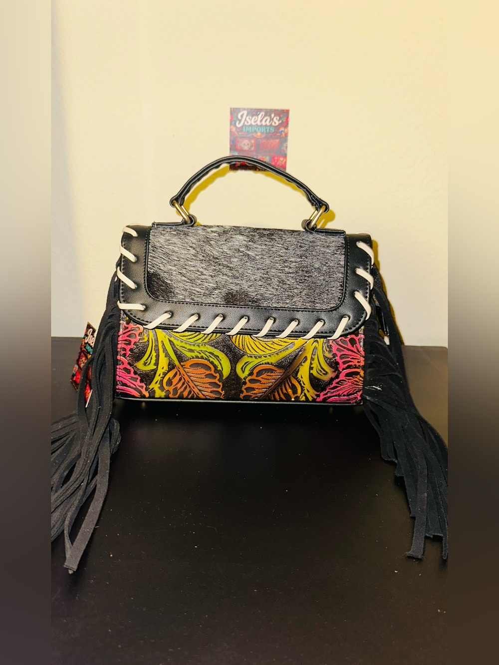 Black Multi Floral Fringe Top-Handle Women's Bag
